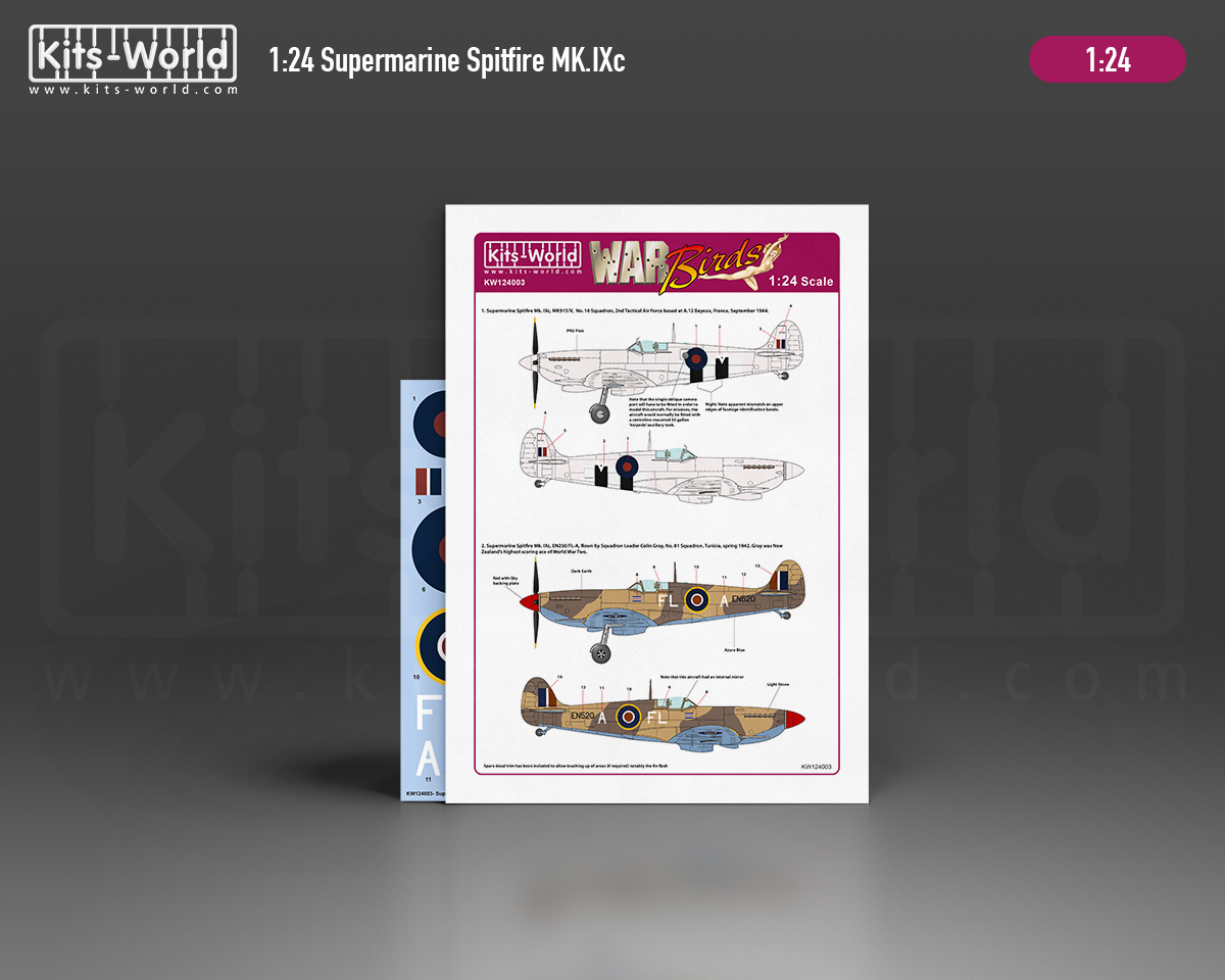 Kitsworld Kitsworld  - 1:24 Scale Decal/Mask Supermarine Spitfire Mk. IXc KW124003 MK915/V, No.16 Squadron. EN250/FL-A, No. 81 Squadron. 